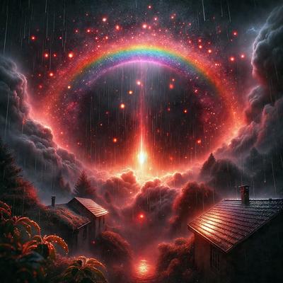 The primary subject of the image is a house with a rainbow above it. The setting is a nighttime scene with a cloudy sky. The visual style is a digital art or illustration, creating a surreal and dreamy atmosphere. The colors and mood are predominantly dark and moody, with the rainbow adding a touch of brightness and whimsy to the scene.